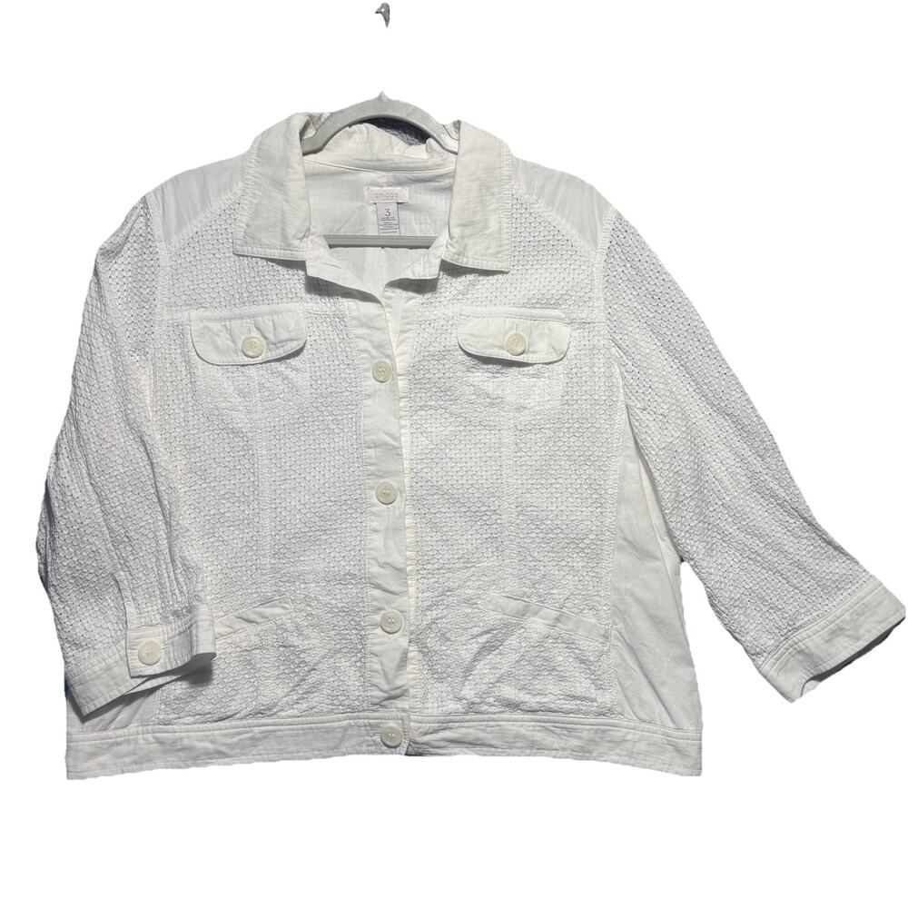 Chico's White Eyelet Button Front Lightweight Jacket Top Sz 3 XL Classic Boho